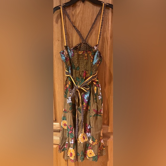 Free People Brown Floral Print Spaghetti Straps. Ruffle Mini Dress Size Small - Picture 4 of 9